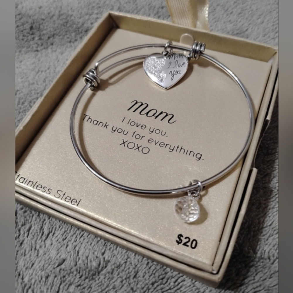 Mom Charm Bracelet I Heart Love Mom Thank You Stainless Steel Silver Gift NWT